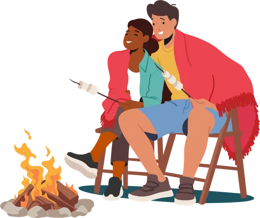 Couple sitting near campfire  Illustration