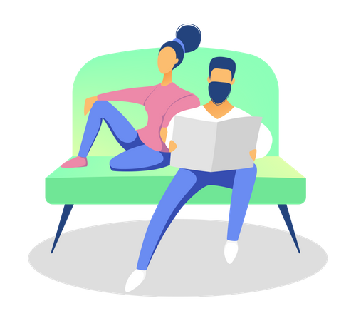 Couple sitting on couch together at home  Illustration