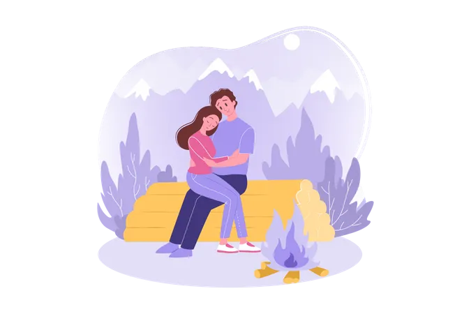 Couple sitting together near campfire  Illustration