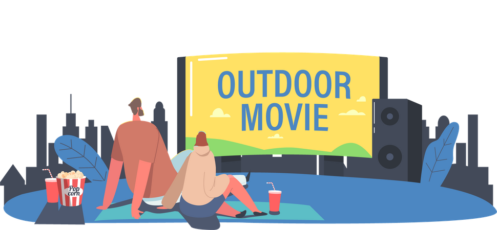 Couple Spend Night at Outdoor Movie Theater Watching Film  Illustration