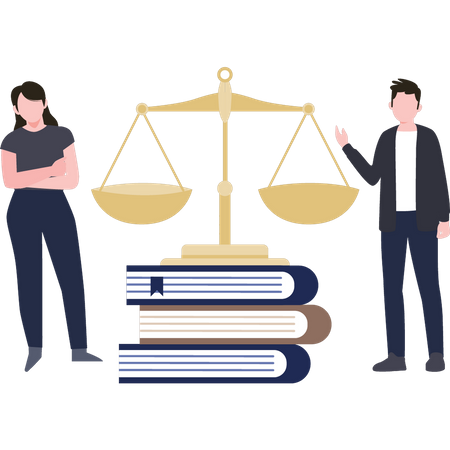 Couple standing with books of law and scales of justice  Illustration