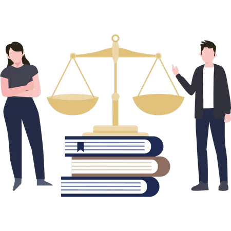 Couple standing with books of law and scales of justice  Illustration