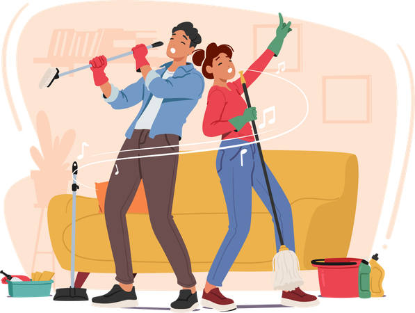 Couple Sweeping And Singing  Illustration