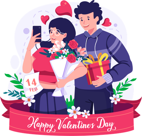 Couple take a selfie on Valentine's day  Illustration