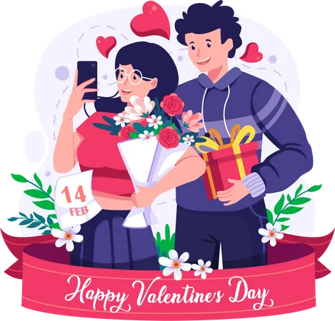 Couple take a selfie on Valentine's day  Illustration