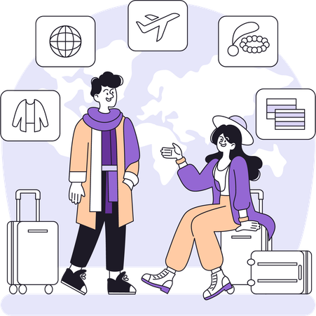 Couple travelling internationally with luggage  Illustration