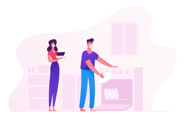 Couple Washing Dish In Dishwashing Machine During Covid19  Illustration