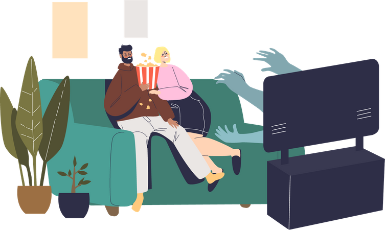 Couple watching horror movie at home  Illustration