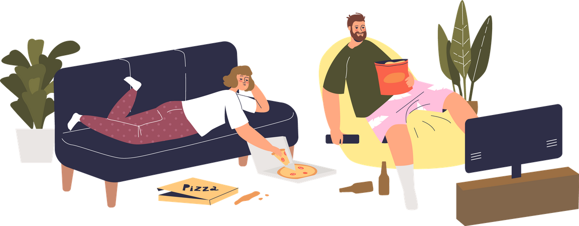 Couple watching movie with eating food  Illustration