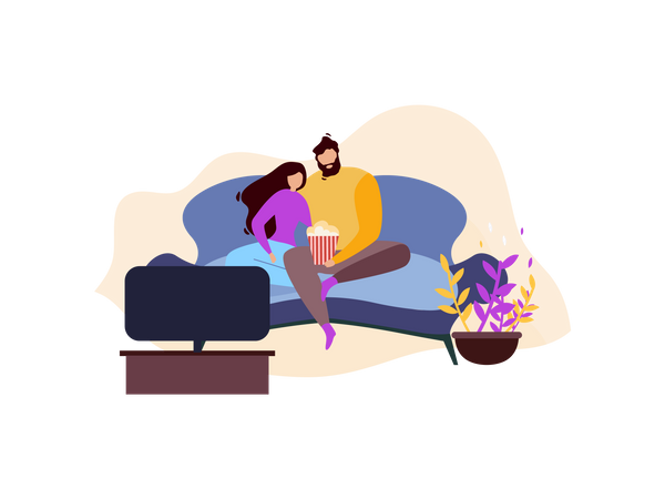 Couple watching television while seating on sofa and eating popcorn  Illustration