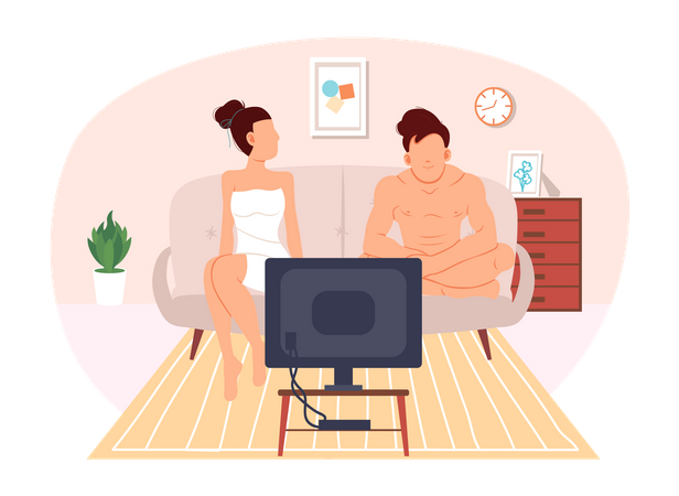 Couple watching TV after taking bath  Illustration