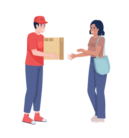 Courier boy giving cardboard parcel to woman  Illustration