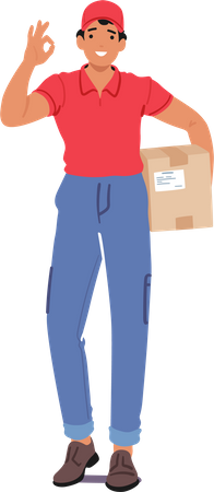 Courier Male Character Confidently Displays An Ok Gesture While Holding A Parcel  イラスト