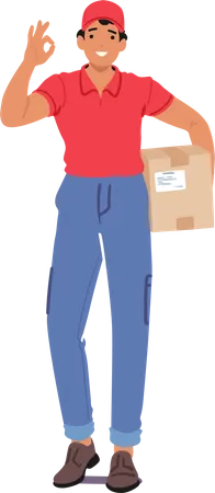 Courier Male Character Confidently Displays An Ok Gesture While Holding A Parcel  イラスト