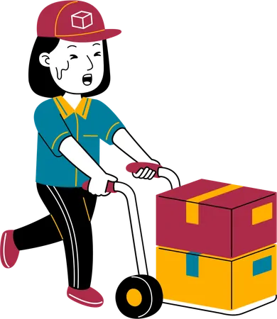 Courier woman brings package with trolley  Illustration