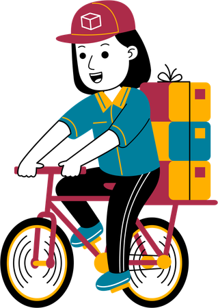 Courier woman delivers package by bicycle  Illustration