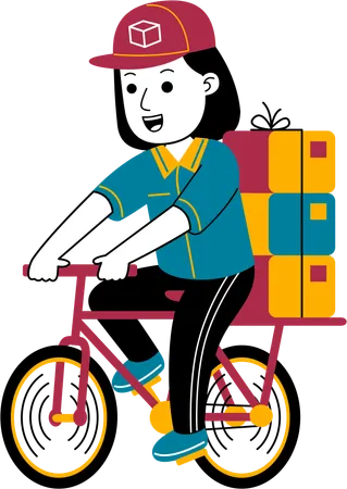 Courier woman delivers package by bicycle  Illustration