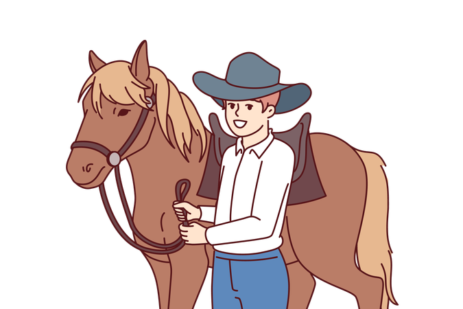 Cowboy prend soin de son cheval  Illustration