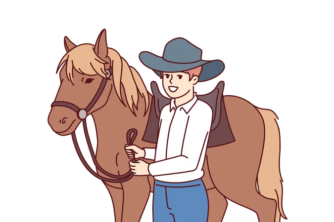 Cowboy prend soin de son cheval  Illustration