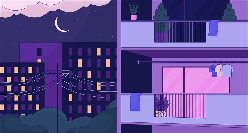 Cozy night apartment building exterior  Illustration