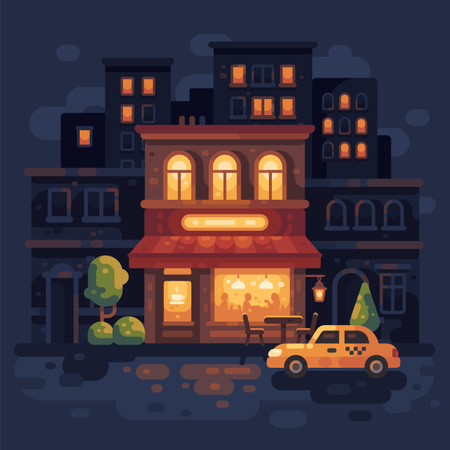 Cozy night street two-story cafe scene  일러스트레이션