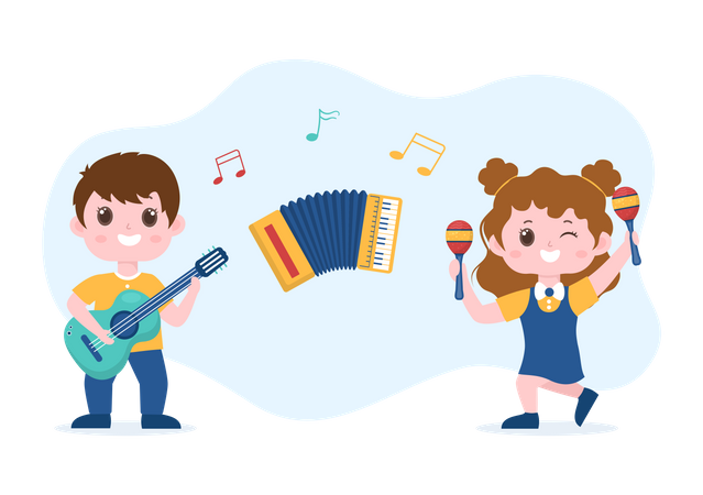 Crianças em idade escolar aprendendo música  Ilustração