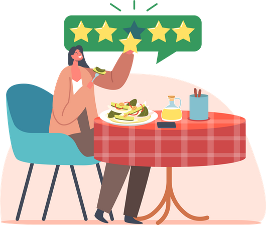 Crítico gastronômico sentado à mesa saboreando deliciosas refeições cinco estrelas  Ilustração