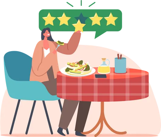 Crítico gastronômico sentado à mesa saboreando deliciosas refeições cinco estrelas  Ilustração