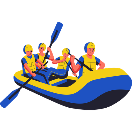 Cuatro hombres haciendo rafting  Ilustración