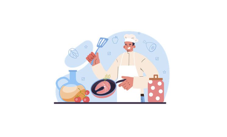 Culinary specialist making and serving tasty dish according cooking technology  イラスト