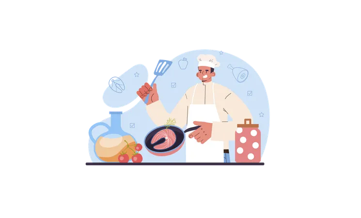 Culinary specialist making and serving tasty dish according cooking technology  イラスト