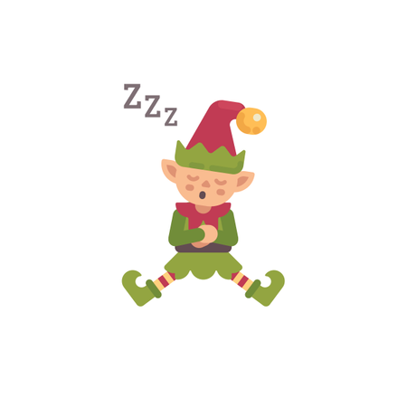 忙しい一日を過ごした後に眠るかわいいクリスマスエルフ  イラスト