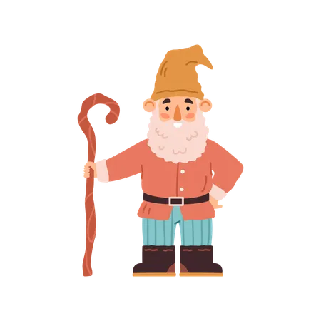 Cute garden gnome in hat with beard and crook handle cane or walking stick  Illustration