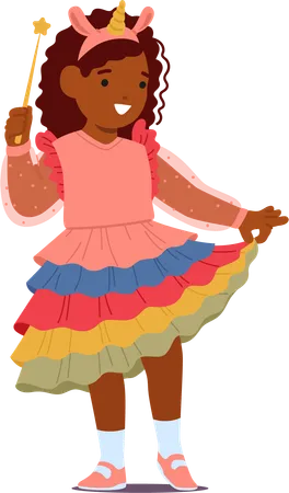 Cute Girl Adorned In Pink And Rainbow Unicorn Dress while holding wand  Illustration