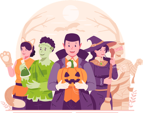 Cute Happy Kids Dressing Up in Various Halloween Costumes Celebrating Halloween  イラスト