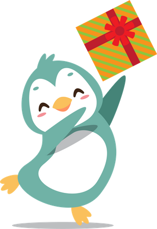 Cute happy penguin throwing christmas gift  イラスト