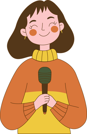 Cute Innocent Nerd Girl Character Singing with Microphone  Illustration