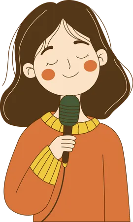 Cute Innocent Nerd Girl Character Singing with Microphone  Illustration