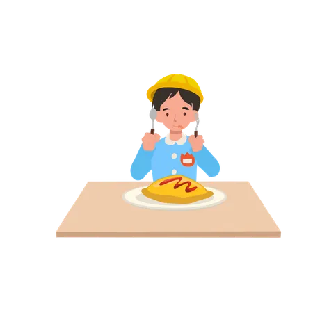 Cute japanese boy in kindergarten uniform eating rice with egg, omu rice meal  Illustration