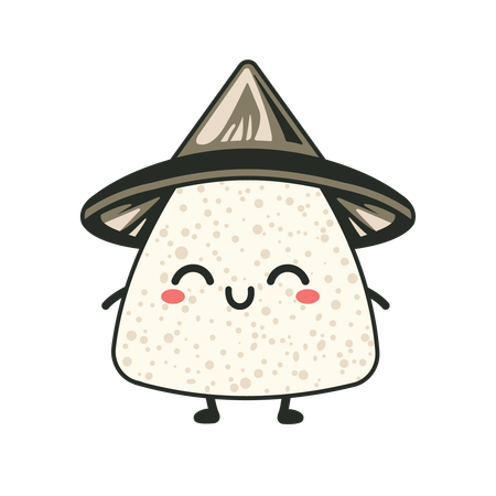 Cute onigiri wearing cone hat with smile expression  Illustration