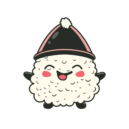 Cute onigiri wearing cone hat with smile expression  Illustration