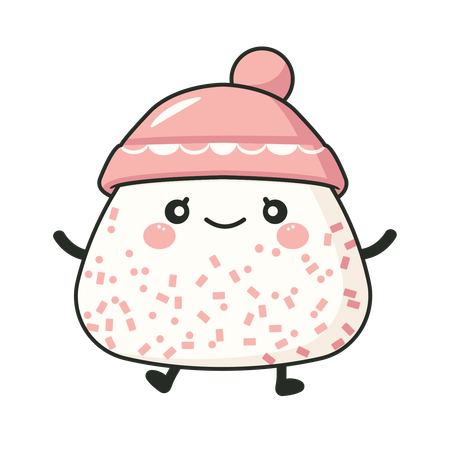 Cute onigiri wearing pink hat with smile expression  Illustration