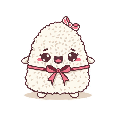 Cute onigiri wearing pink ribbon with smile expression  Illustration