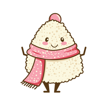 Cute onigiri wearing pink shawl with smile expression  Illustration