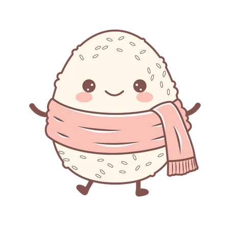 Cute onigiri wearing pink shawl with smile expression  Illustration