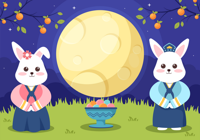 Cute Rabbit in Traditional Hanbok on Chuseok Day  Illustration