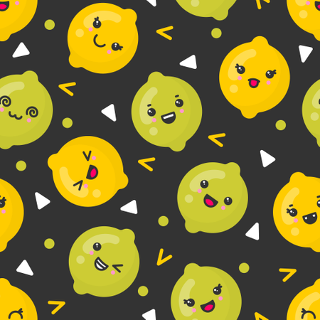 Cute smiling lemon and lime fruits, vector seamless pattern on dark background  Illustration