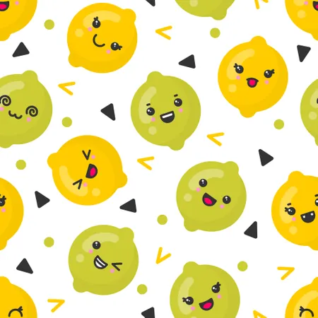 Cute smiling lemon and lime fruits, vector seamless pattern on white background  Illustration