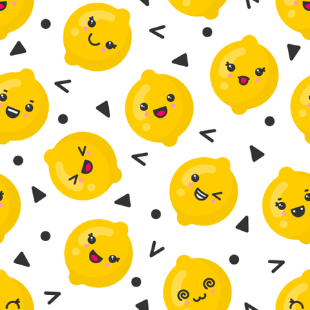 Cute smiling lemon fruits, vector seamless pattern on white background  Illustration