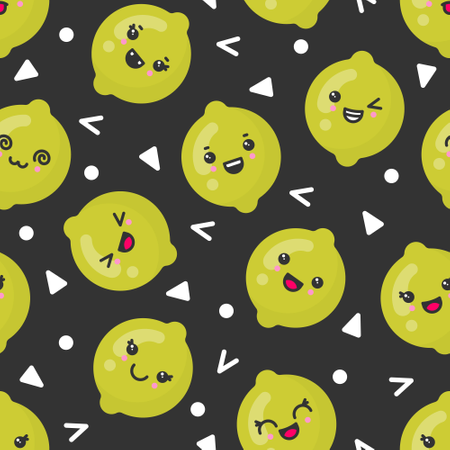 Cute smiling lime fruits, vector seamless pattern on dark background  Illustration